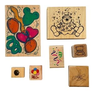 Birthday Party Wood Mounted Rubber Stamps Lot of 7 Balloons Clown Celebration